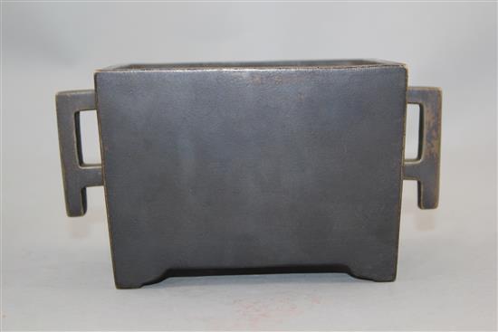 A Chinese bronze rectangular censer, Fang Ding, Xuande six character mark, 18cm. across, 9cm.